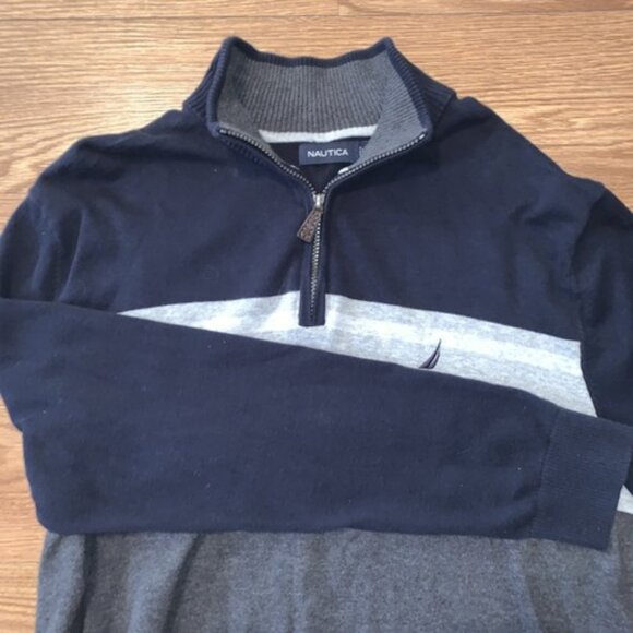 Nautica Mens Size Extra Large Navy Blue Gray Knit Pullover Sweater 1/4 Zip - Picture 1 of 9